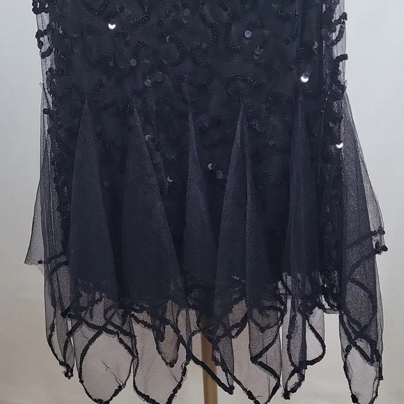 Betsey Johnson Black Sequin Mesh Flutter Spaghetti Strap Midi Evening Dress  SZ4